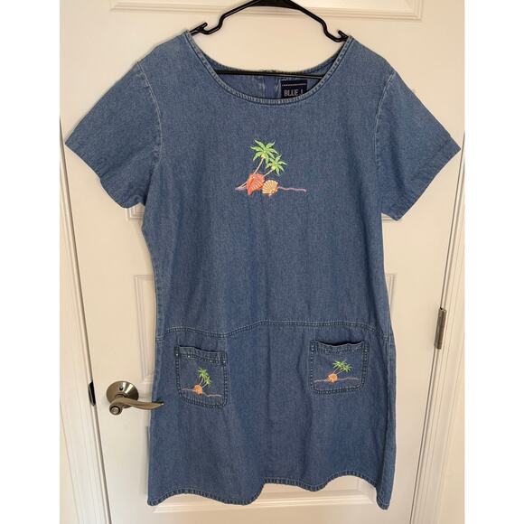 Blue J. Embroidered Palm Tree Seashell Denim Dress XL Beach Casual 90s Look - Picture 1 of 5